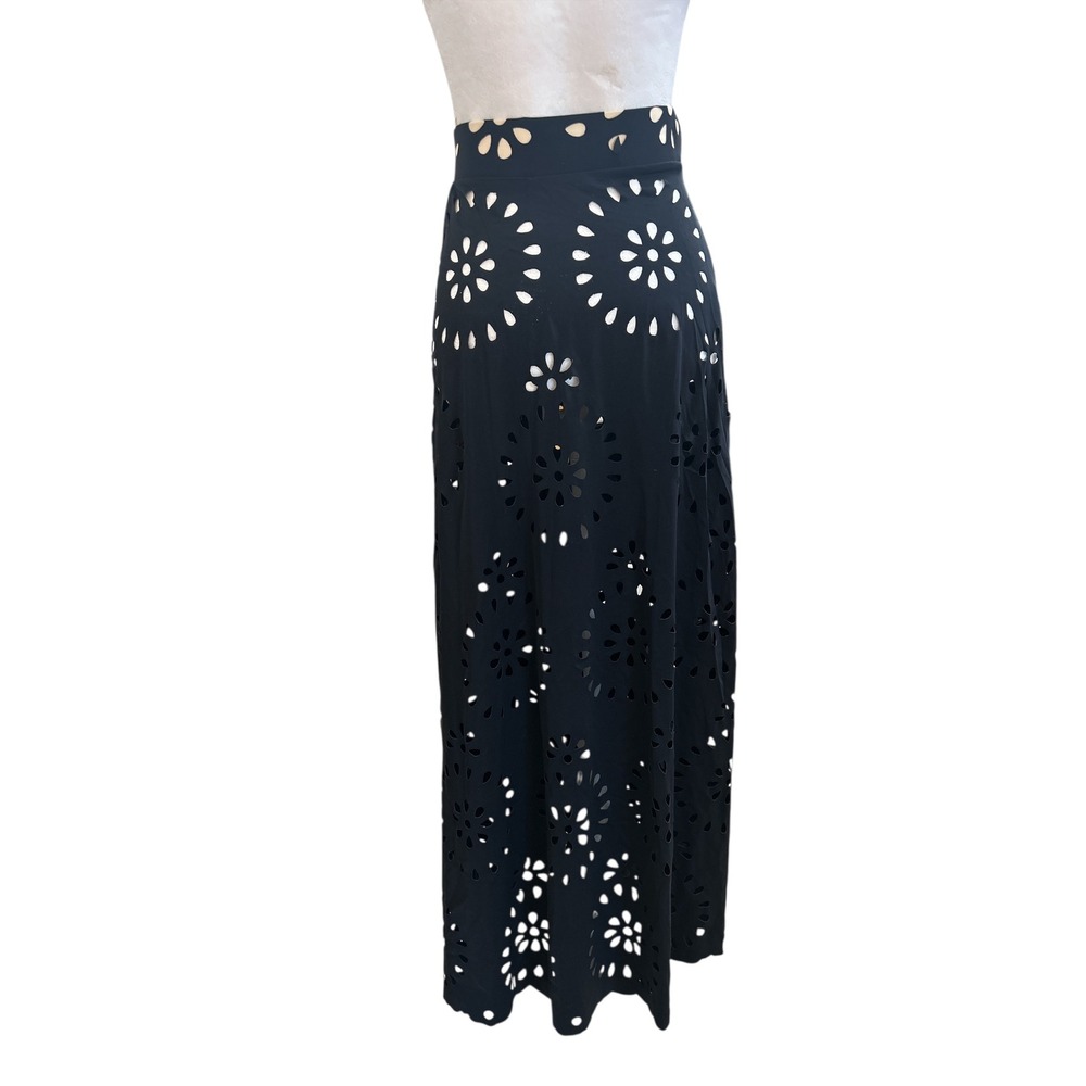 Womens Black Laser Cut Floral Eyelet Maxi Skirt High Waist Swim Cover‎ Up Small
